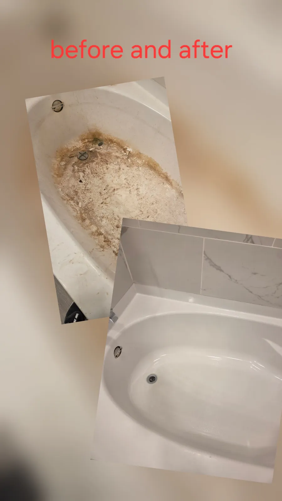 A1 Cleaning before and after — a construction-debris-filled bathtub restored to spotless